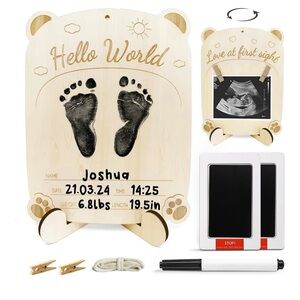 Wooden Baby Announcement Board with Footprint Design